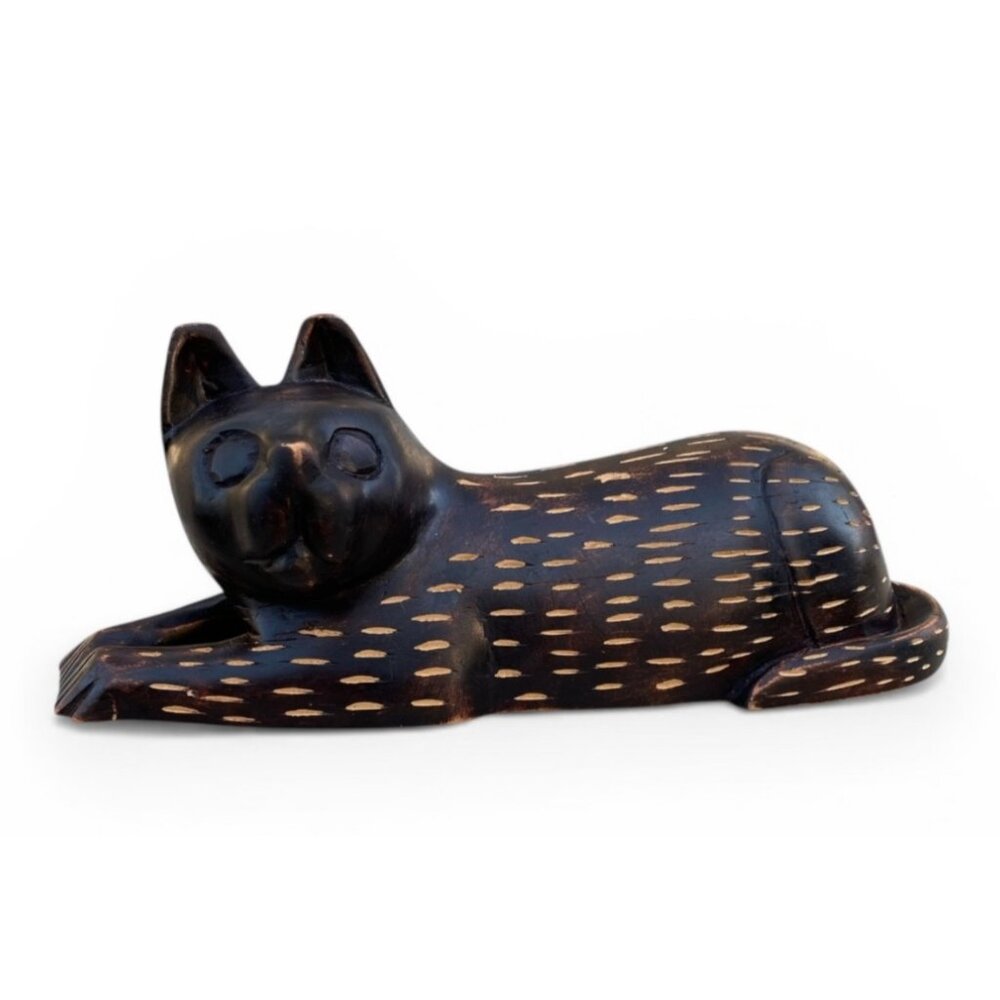 Vtg Hand Carved Wooden Cat Figure Dark Brown With Tan Accents